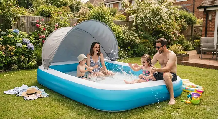 A young family enjoying a sunny day in the back garden with a large paddling pool featuring a protective UV canopy. paddling pools with UV canopy