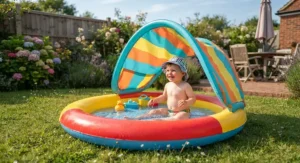 An inflatable paddling pool for babies featuring a colourful sun shade to keep little ones cool while playing outside.