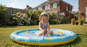 Young child splashing safely in an inflatable garden splash pad on a warm sunny day in the UK
