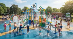 Large commercial water play centre installed in a public park playground for summer splashing