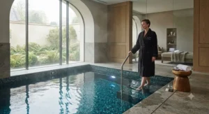 Luxury hotel spa wellness suite featuring a tiled cold plunge pool for recovery and hydrotherapy