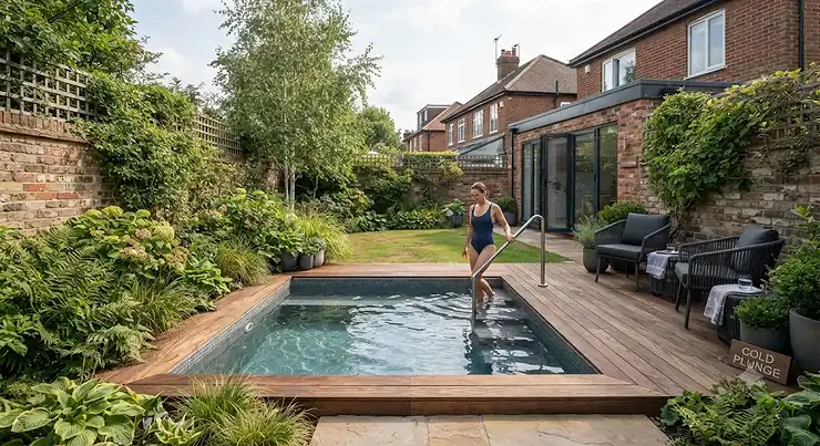 A modern garden cold water plunge pool installed in a British residential backyard with decking