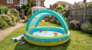 Shaded paddle pool with canopy inflated and ready for a hot summer day outdoors