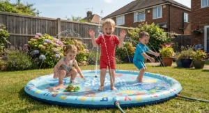 Toddlers cooling off and playing with water jets on a portable outdoor splash pad