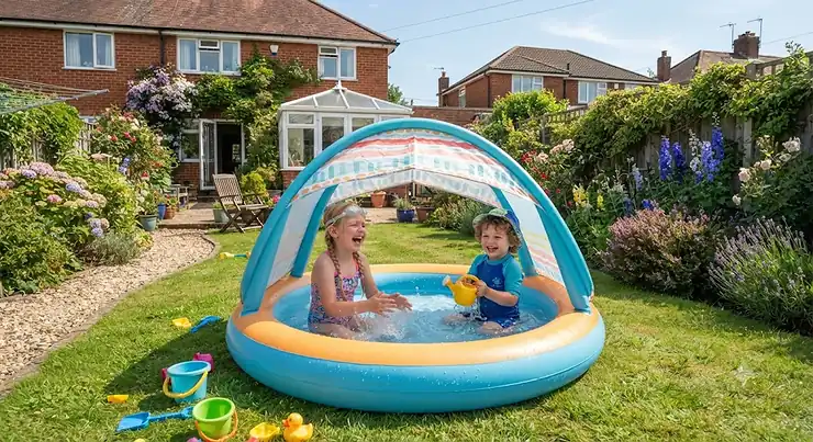 Children playing in a paddling pool with a canopy set up in a sunny British back garden