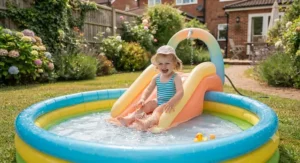 A miniature paddling pool with a gentle built-in slide designed for safe play by a two-year-old.