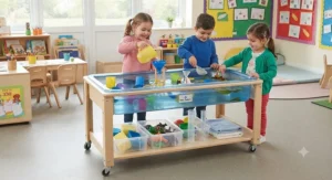 Portable water play centre with plastic basins and storage shelves for nursery classrooms