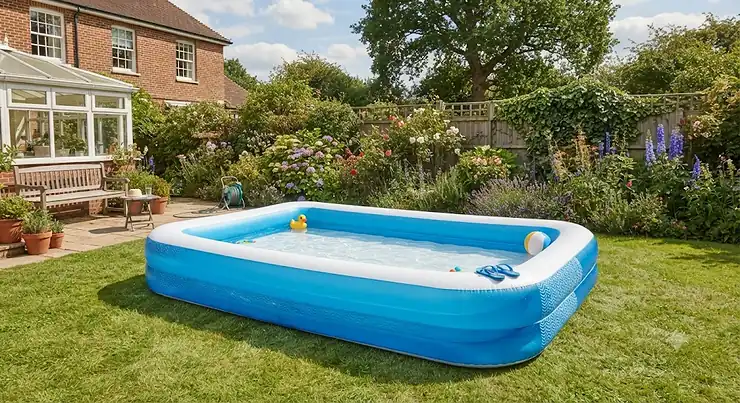 A large rectangular inflatable pool set up in a lush green British back garden on a sunny summer afternoon