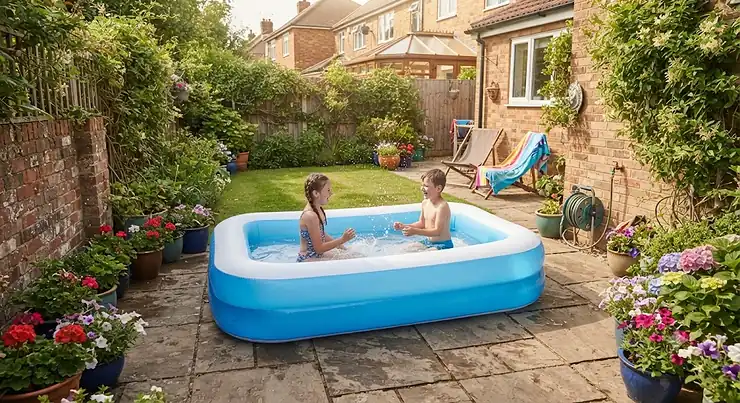A rectangular inflatable pool set up on a patio in a compact British garden, ideal for cooling off on a hot summer day.