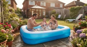 A family enjoying time together in a space-saving rectangular inflatable pool positioned in a private back garden.