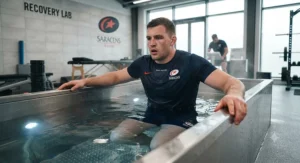 Rugby union player undergoing muscle recovery inside a professional cold plunge pool facility in the UK