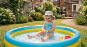 A smiling two-year-old paddling in a soft-sided inflatable pool filled with warm water.