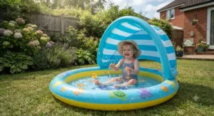 Mini toddler splash pool featuring a sun shade canopy for garden protection
