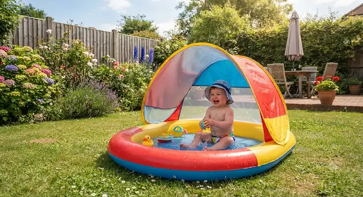 A brightly coloured shaded paddling pool for babies set up on a lawn in a British garden on a sunny day.