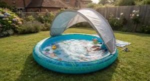 Top-view angle of a paddling pool with a UV canopy, showing clear, refreshing water ready for summer play.