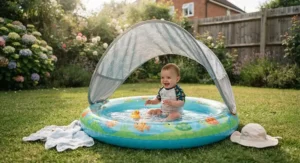 A compact baby paddling pool featuring a full UV canopy to provide essential shade during hot summer days.