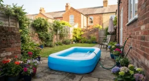 An easy-to-inflate, small rectangular pool being filled with water in a typical UK terrace house garden.