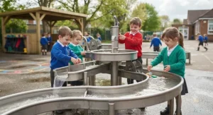 Stainless steel water play centre with cascading troughs and damming gates for sensory learning