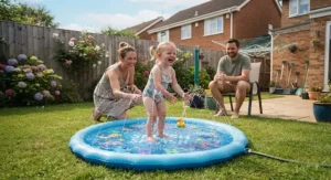 Family enjoying outdoor summer activities with a cooling toddler splash pad on the lawn