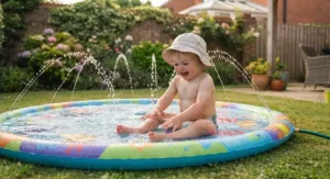 A toddler safely splashing in a shallow garden splash pad with gentle water jets