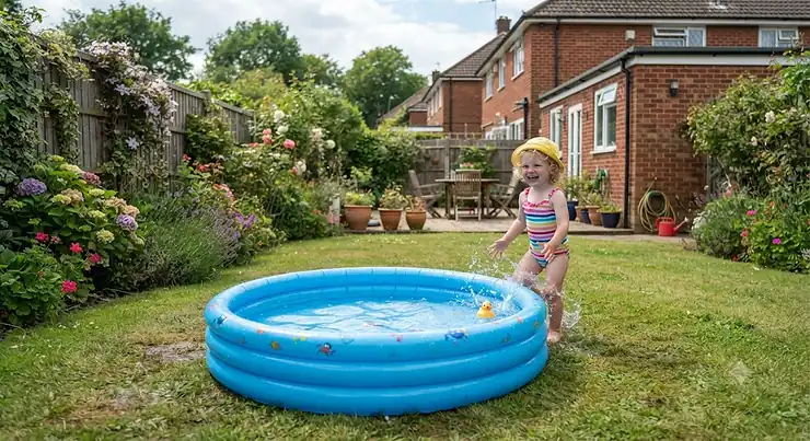 Bright blue toddler paddling pool set up in a British garden under twenty pounds. toddler pool under £20