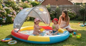 A safe, colourful paddling pool with a built-in UV canopy designed for toddlers to splash in during the summer.