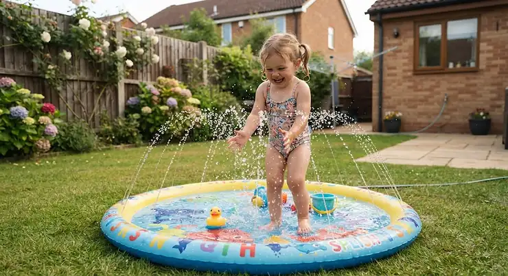 A happy toddler playing in a colourful splash pad set up in a British back garden during summer