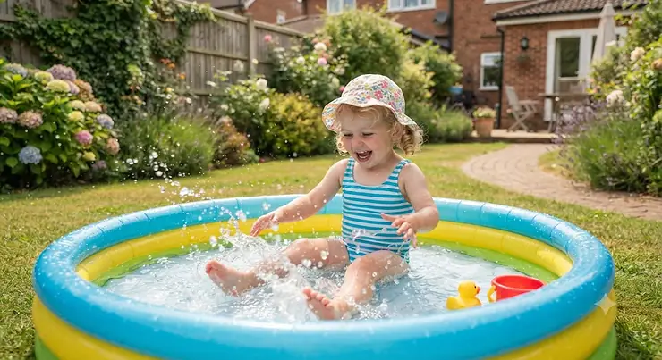 A two-year-old toddler splashing happily in a bright paddling pool set up in a British back garden on a sunny summer's day.