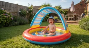 A toddler sitting comfortably in a shaded paddling pool designed for babies during a warm UK summer afternoon.