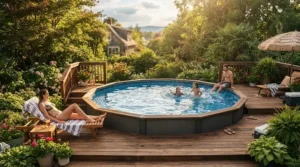 An above-ground swim current pool positioned on a decked terrace with timber steps