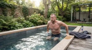 Athlete recovering after a workout using an outdoor cold water plunge pool.