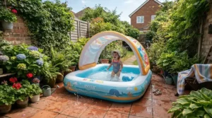 The compact design of a baby pool with canopy for newborns fitted for small gardens.