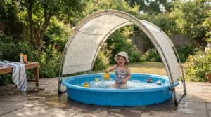 Detail view of the fixed hood coverage on a baby pool with canopy for newborns.