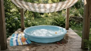 A baby pool with canopy for newborns casting a cool shadow over the water.