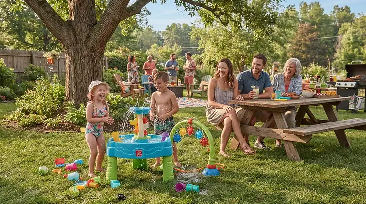 Family enjoying a warm summer day in the garden with a baby pool with canopy for newborns.
