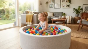A versatile baby pool with canopy used as a ball pit during a transition from bath to garden play