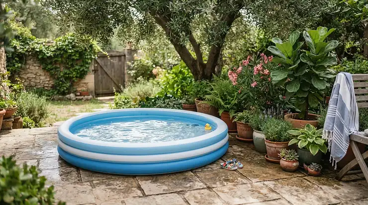 A compact baby pool with canopy positioned on a paved patio on a bright summer day
