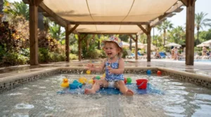 A baby pool with canopy casting a protective shade over an infant splashing in shallow water
