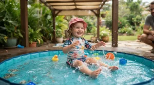 An infant splashing happily in a colourful baby pool with canopy on the lawn