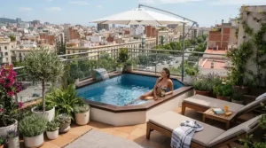 A compact baby pools with canopy installed on a small apartment balcony for urban splashing
