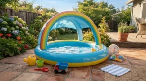 An affordable baby pool with canopy displayed as a great budget option for summer family fun