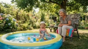 Grandparent supervising a toddler in a safe baby pool with canopy during a family visit