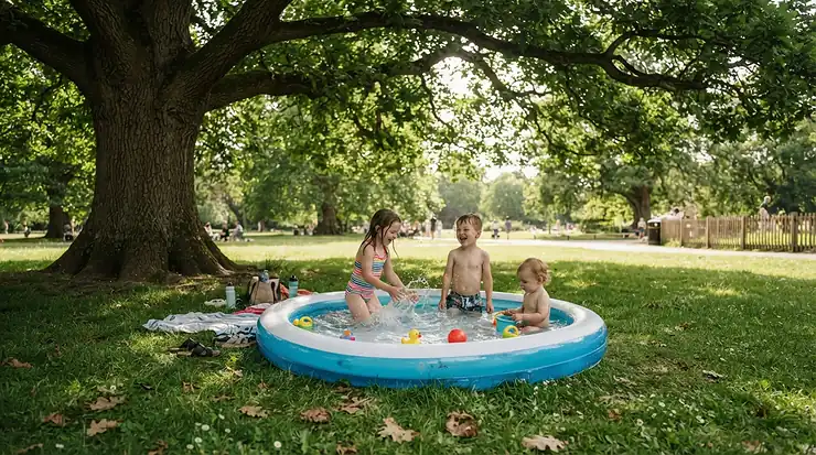 Portable baby pools with canopy brought along for a family day out at the local park
