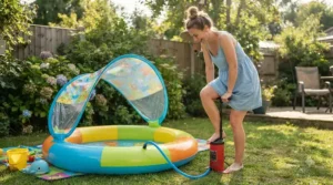 A parent setting up a baby pool with canopy using a hand pump for fast and simple inflation