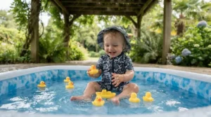 Happy infant playing with floating rubber ducks in a shaded baby pool with canopy