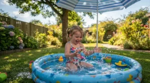 A colorful baby pool with canopy set up in a sunny British back garden keeping a toddler cool