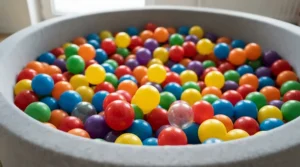 A ball pit pool showcasing ball compatibility with various sizes and colours of play spheres