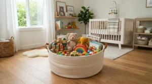 A dual-use design ball pit pool functioning as a padded play zone and storage area