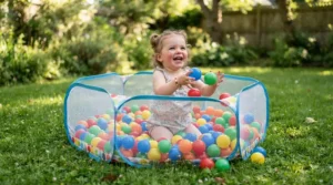 Safe outdoor play with a ball pit pool for toddlers positioned on a green garden lawn during summer