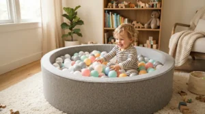An indoor playroom featuring a colourful ball pit pool for toddlers surrounded by wooden toys